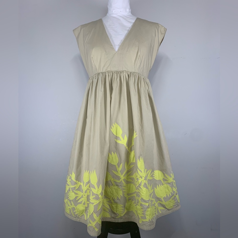 Hoss Intropia Beige Cotton Midi‎ Dress Neon Yellow Floral Embroidery Size 40